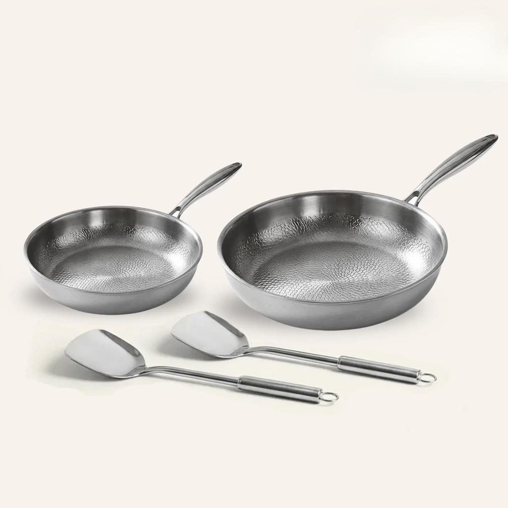 The Cupboard Stainless Steel Hammered Frying Pan Duo Set with Spatulas